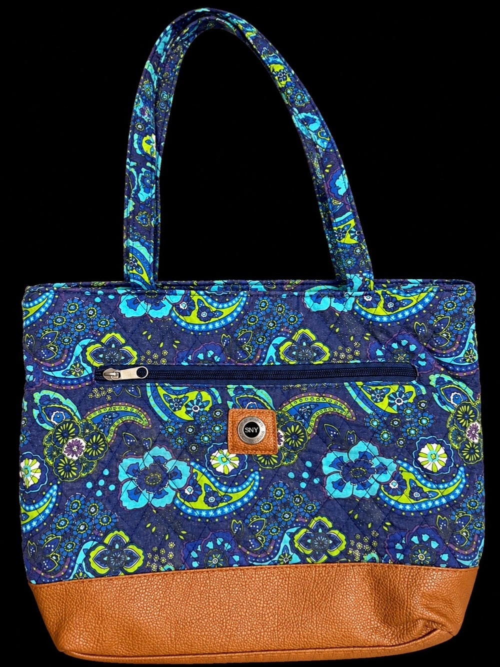 Navy Floral Quilted Tote with Brown Faux-Leather Base
